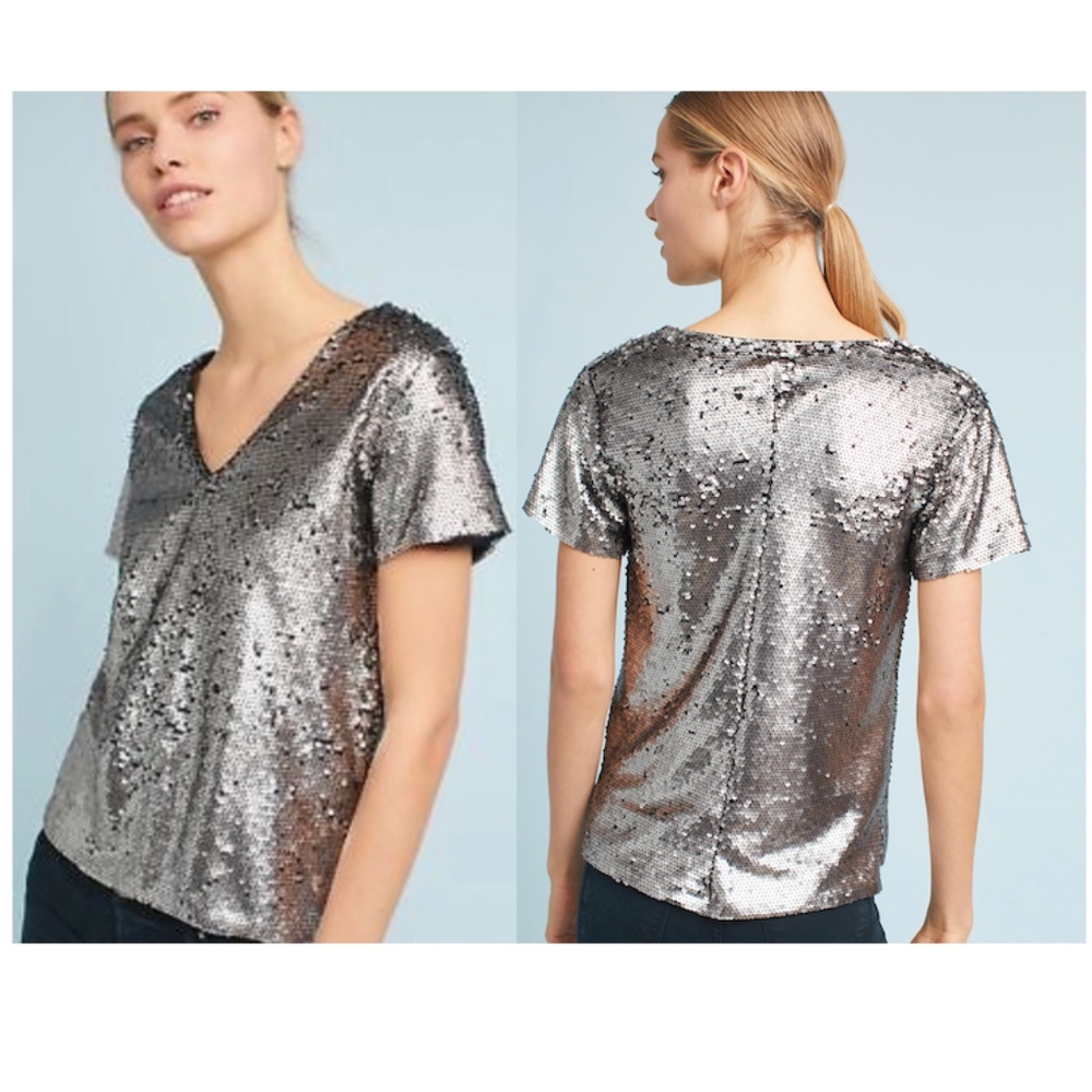 Anthrop. VANESSA VIRGINIA Silver/Gray Sequins Top